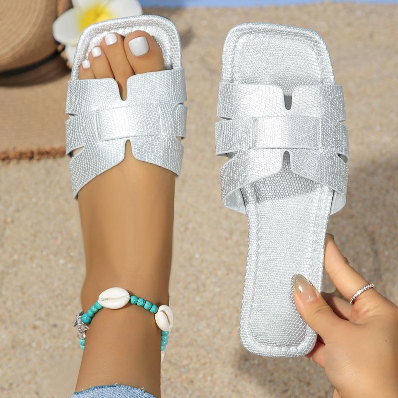Women Solid Sandals 2025 New Lightweight Square Open Toe Slip on Shoes Casual Beach Flat Slippers Women Slides Women