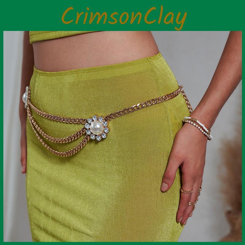 Artificial Pearl Flower Gold Metal Waist Chain For Women Elegant Summer Accessory