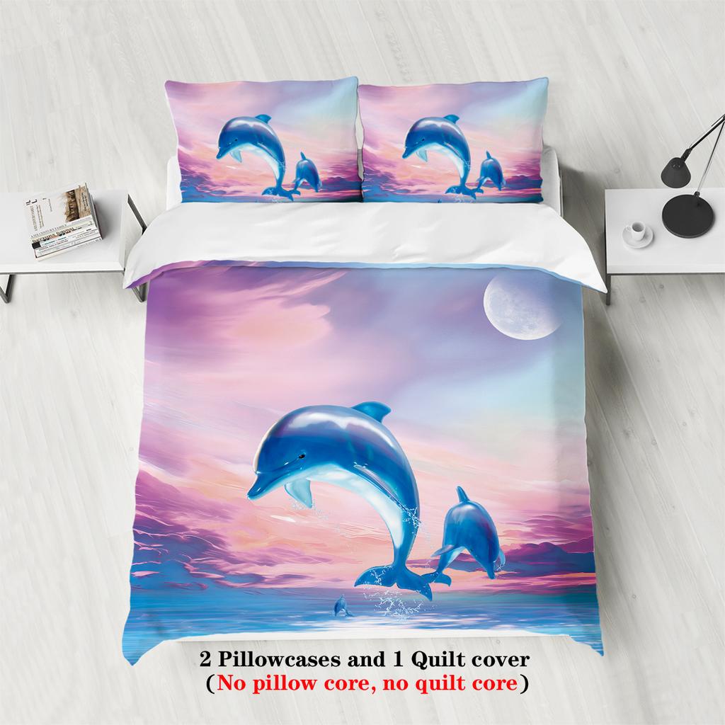 3-piece set, cartoon dolphin pattern printed bedding set, queen, king, double bed, for bedroom, guestroom, hotel