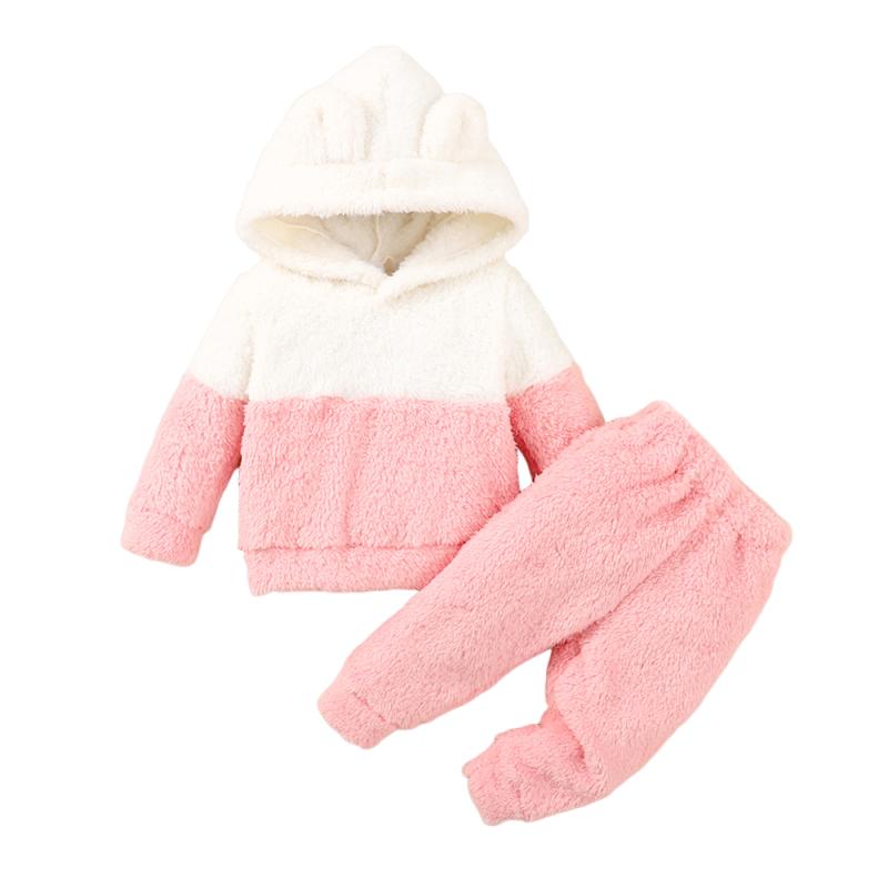 0-2 Years Newborn Baby Girl Fluff Hooded Clothes Set Long Sleeve Hoodie Top + Pant Autumn and Winter Warm Daily 2PCS Outfit