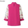 ZANZEA Women Stand Collar Floral Print Splice 3/4 Sleeve Blouse