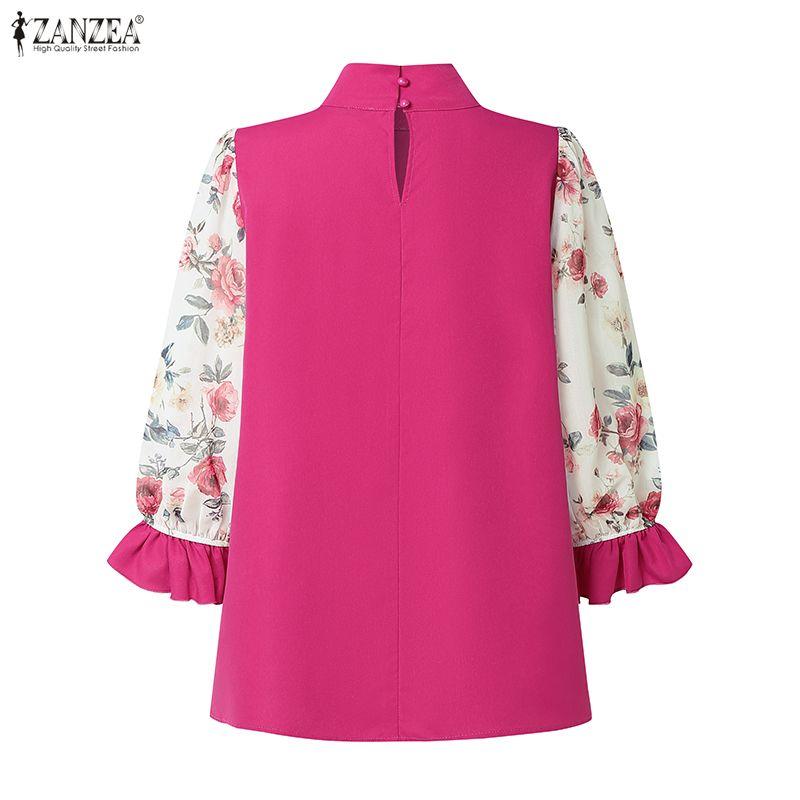 ZANZEA Women Stand Collar Floral Print Splice 3/4 Sleeve Blouse