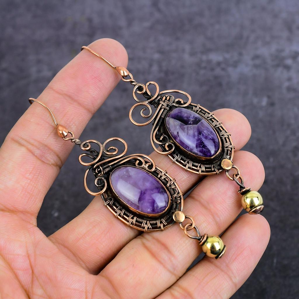 Natural Sage Amethyst Gemstone Copper Wire Wrap Jewelry Earring 3.55" t3O33