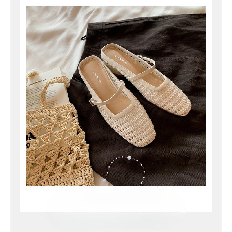 Women's Retro Woven Hollowed-out Square Toe One-shoulder Thick Heel Half-drag Shoes