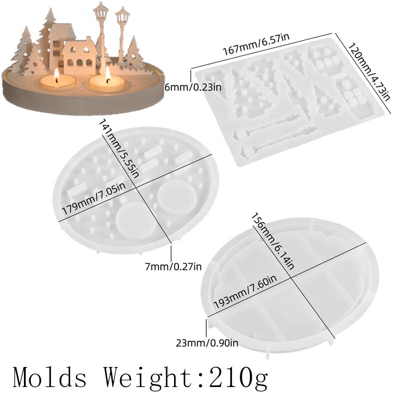 Round Candle Holder Silicone Mold with Hollow Tree House Street Lamp DIY Nightlight Silhouette Candlestick Mold 3D Plaster Craft