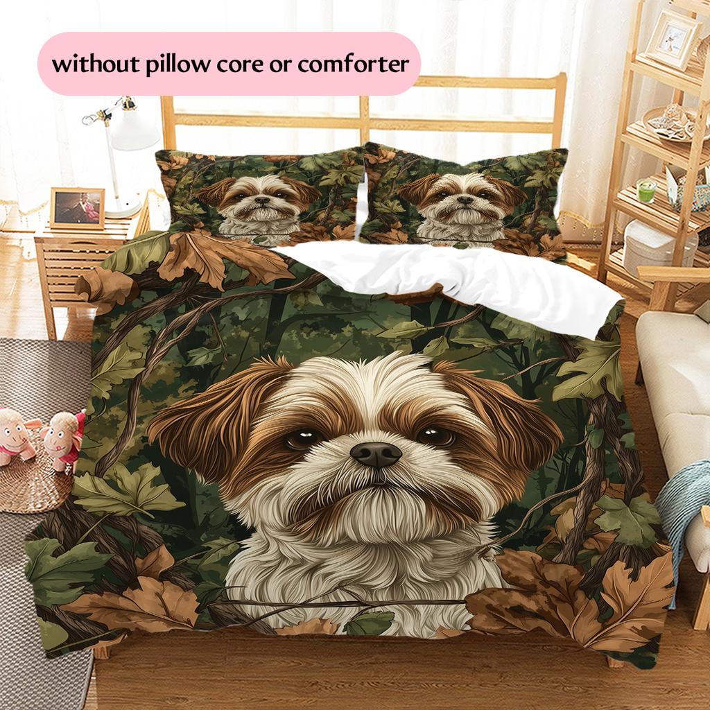 Vintage Shih Tzu Pattern Bedding Home Decoration Birthday Gift (1 * Duvet Cover + 2 * Pillowcase, Without Core)