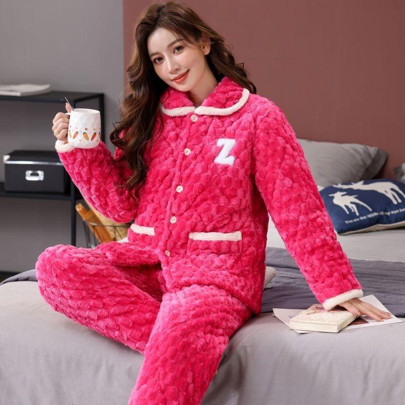 Pajamas women's winter three-layer thickened models fleece coral fleece warm padded cotton autumn and winter women's loungewear