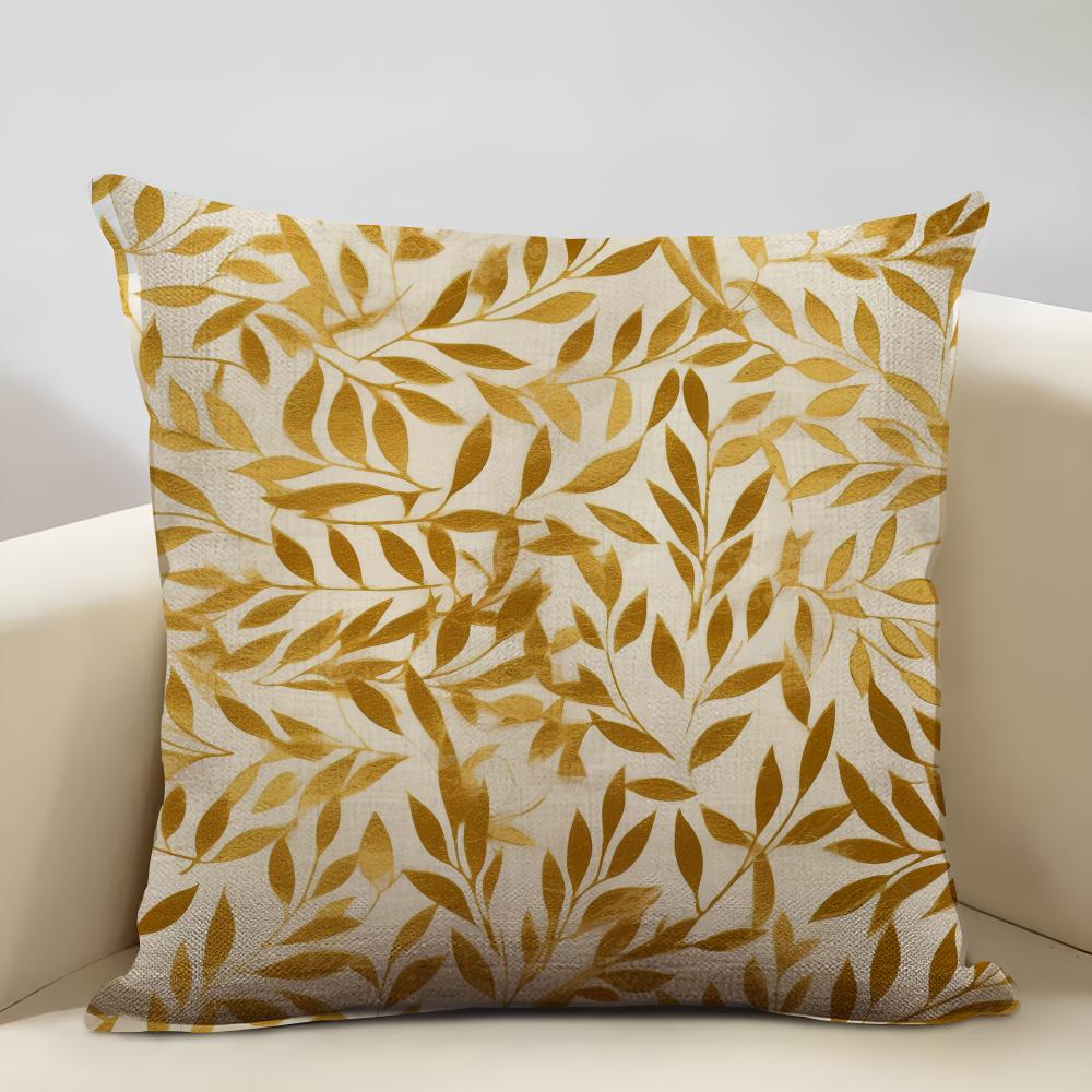 Gold Leaf Flower Cushion Cover Natural Linen Organic Fabric Double-Sided Printing Sofa Home Decor Gift Pillow Cover