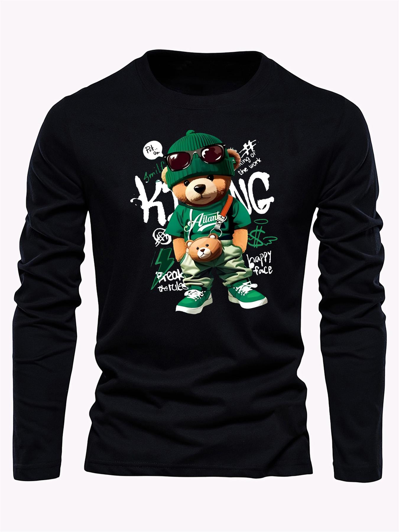 Men s Cotton Long Sleeved Round Neck Loose Cartoon Bear Pattern Printed Spring and Autumn Casual Versatile T-shirt Top S
