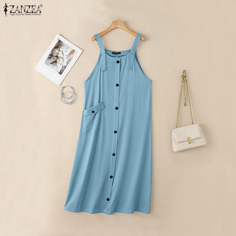 ZANZEA Women Casual Sqaure Collar Loose Sleeveless Straps Dress
