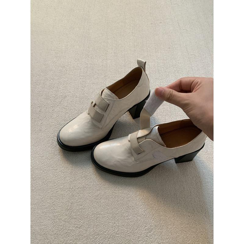 Cowhide Version~ High Heel Loafers Round Head Retro British Velcro Thick Heel Small Leather Shoes Femininity Deep Mouth Single Shoes