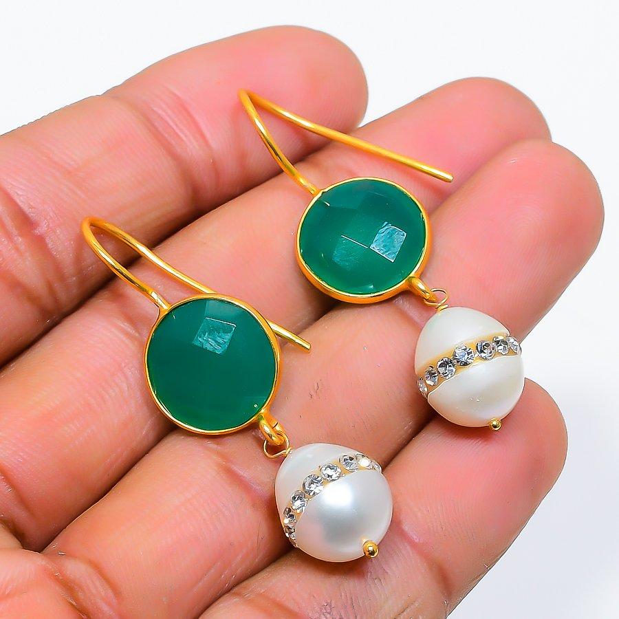 Green Jade, Pearl Gemstone 925 Solid Sterling Silver Jewelry Earring 1.62" GK-5842