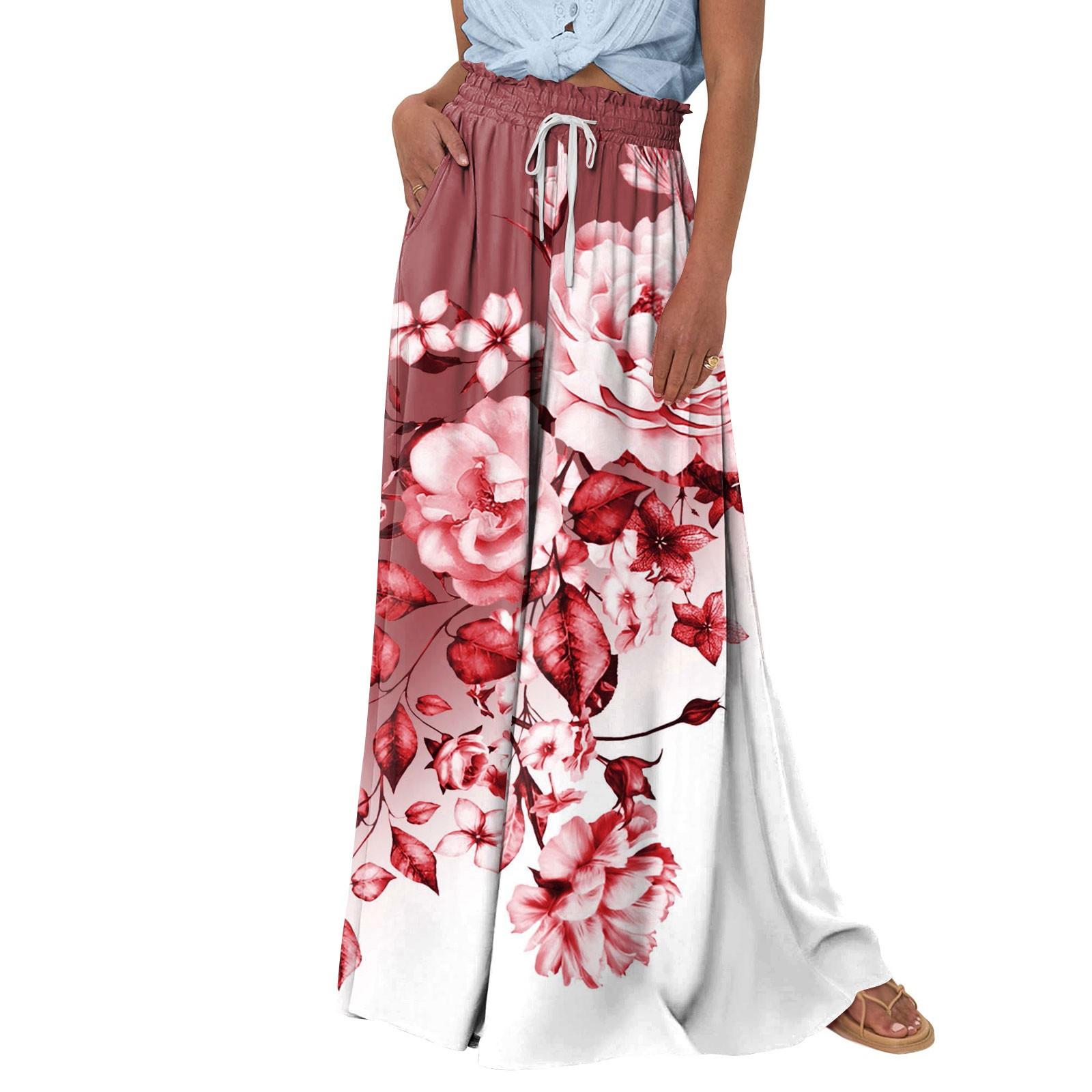 

Женские широкие брюки с высокой талией, летние повседневные струящиеся брюки-палаццо, пляжные брюки с цветочным принтом и карманом XXXL винный