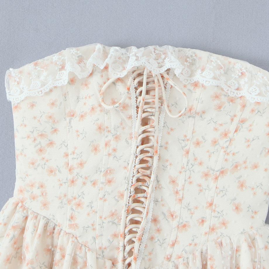 French first love straps waist and thin temperament mesh tutu skirt floral tube top skirt seaside holiday skirt women