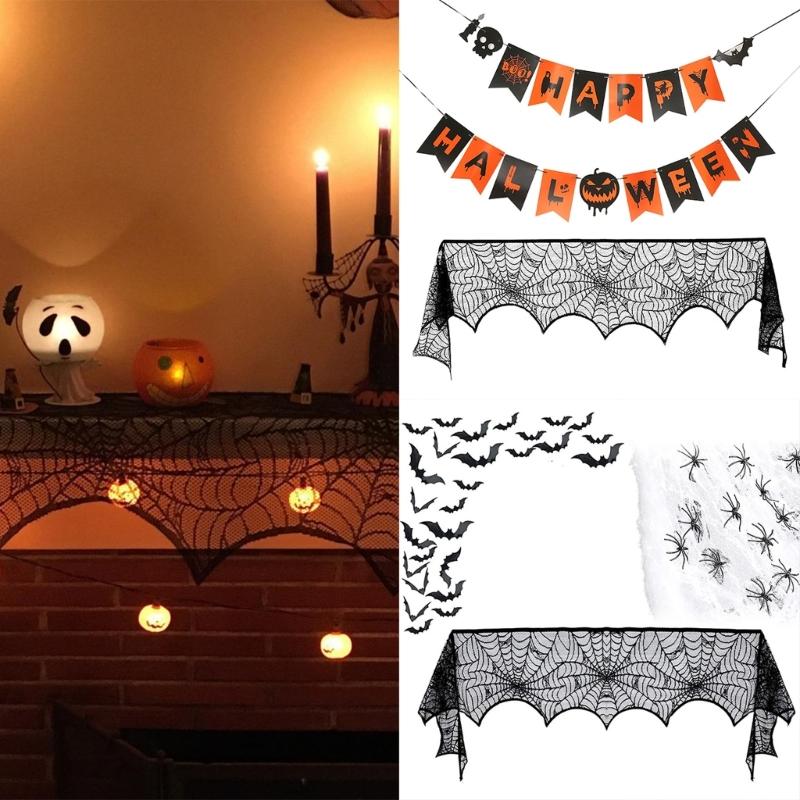 Lace Table Runner Spiderweb Mantel Scarf Cover for Holiday Party Decoration, Black Spiderweb Mantel Scarf