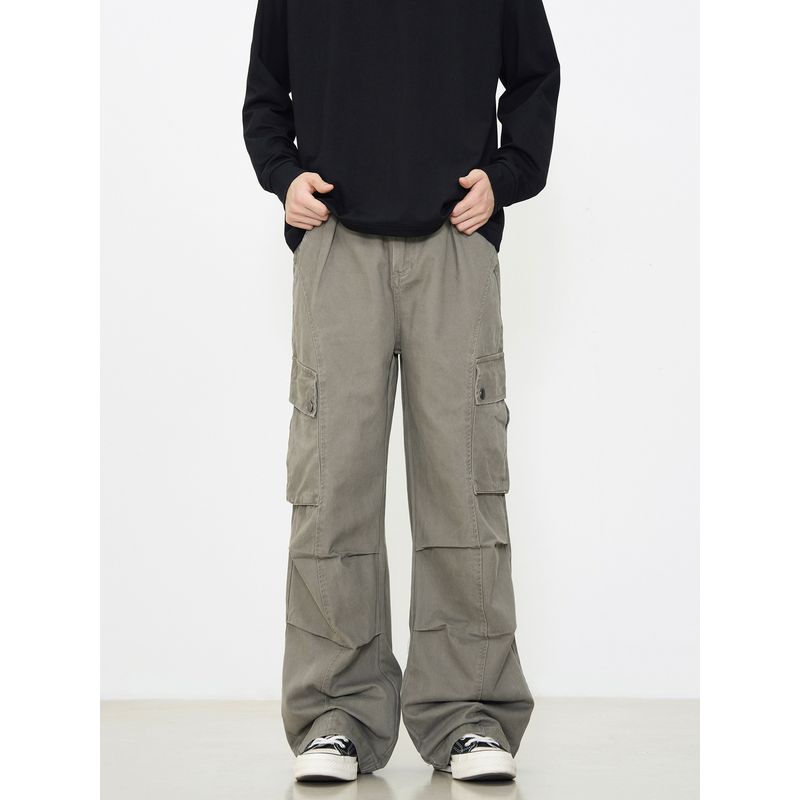 Kisko Design-Inspired Vintage Deconstructed Pocket Wide-Leg Pleated Cargo Pants for Men and Women, American High Street Casual Straight-Leg Pants