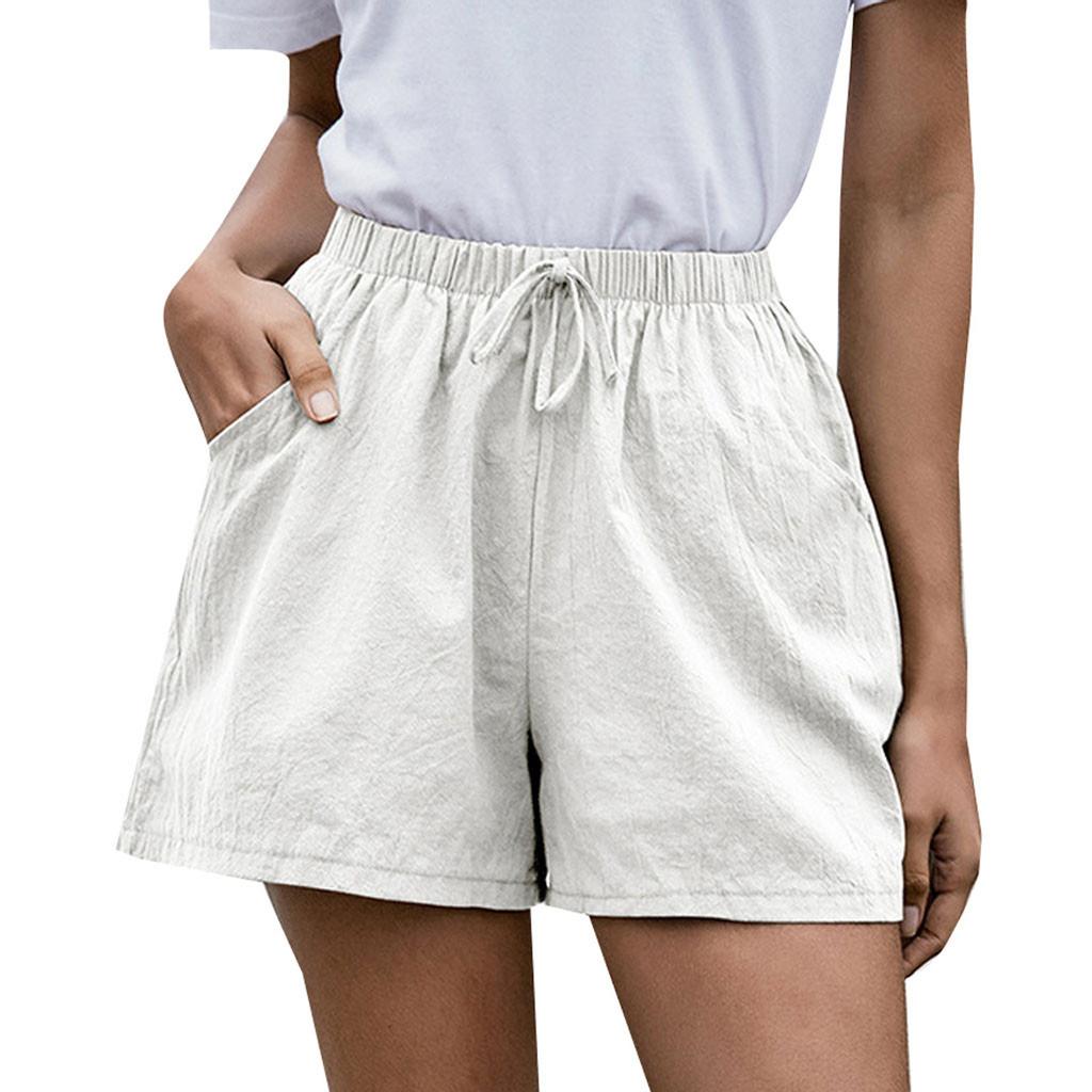 Women Solid High Waist Cotton And Linen Shorts Pants Casual Beach Shorts