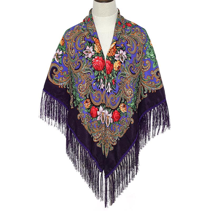 51*51In Square Women Scarf Shawl Ukrainian Embroidery Retro Fringed Cotton Print Scarves Hijab Wraps Russian Cape Bandana