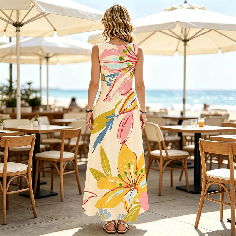 Floral Maxi Dress,Loose Sleeveless Lightweight Flowy Beach Vacation Dress,Vibrant Color,Stylish & Versatile for Daily Casual Wear