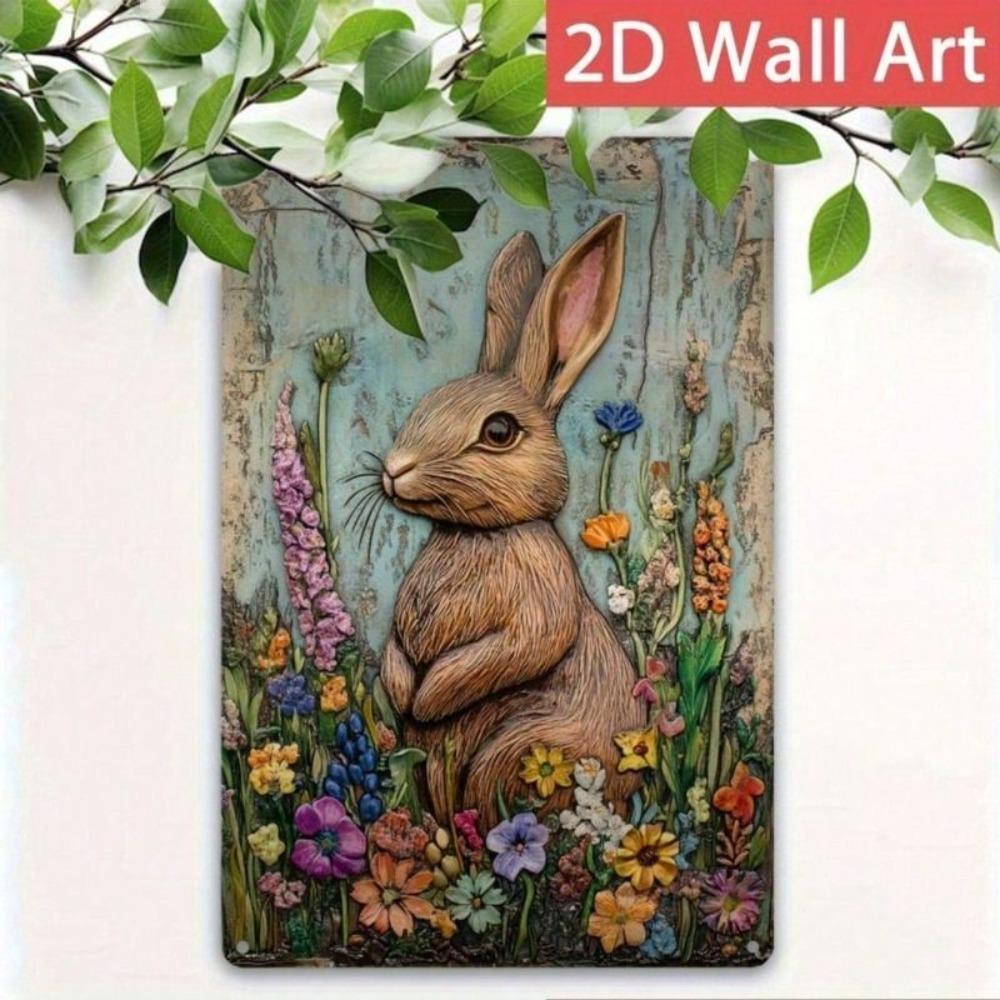 Vintage Easter Bunny Metal Poster 12x8 Inch Rustic Farmhouse Floral Spring Sign for Wall Garden
