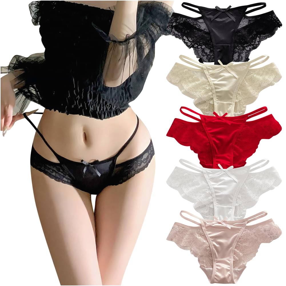 TUOTISI Lace Satin String Cheek Sexy Lingerie with Cute Underwear for Special Occasions Size Women's Half-Back Panties, See-Through Ribbon, (5-Pack,