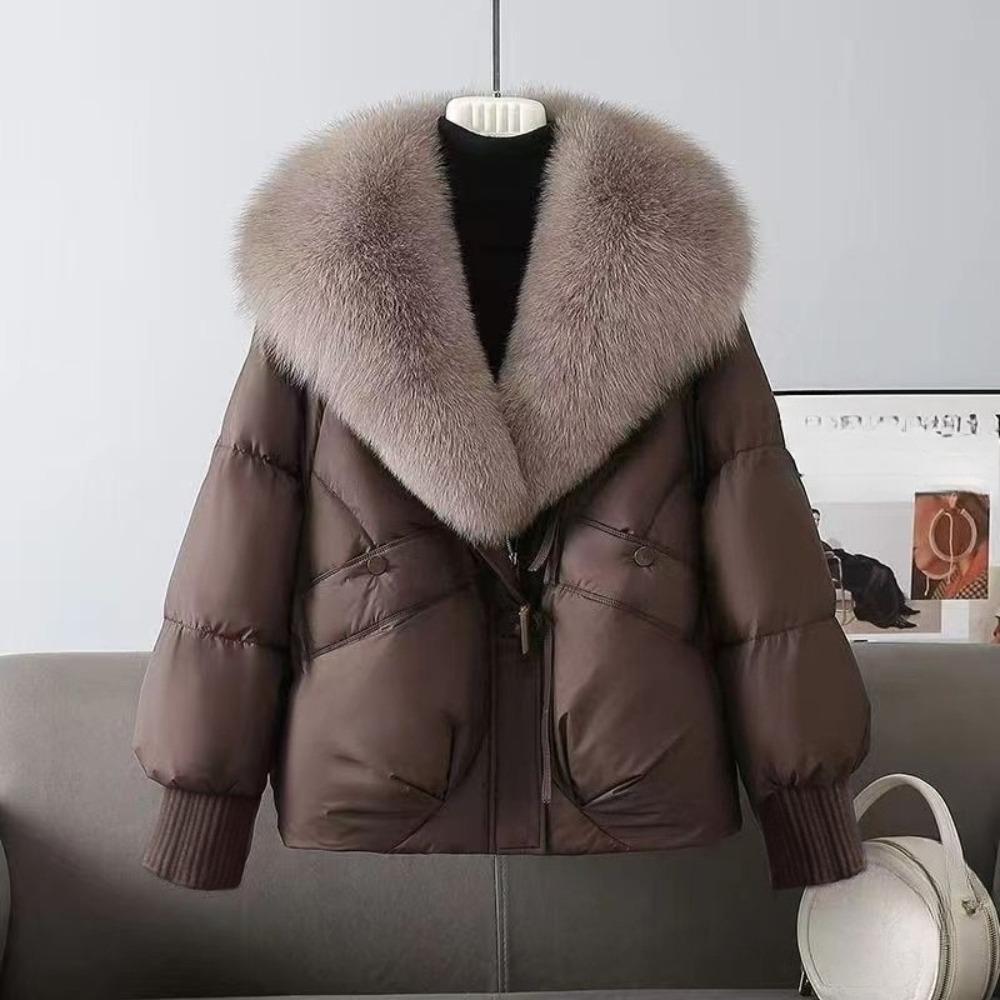 Women Short Puffer Jacket Large Faux Fur Lapel Collar Zip‑Up Ribbed Cuffs Loose Warm Winter Fashion Outerwear
