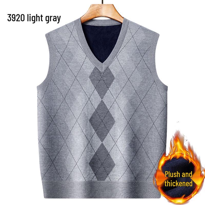 Dad's Fleece-Lined Sweater Vest: Warm Knitted Base Layer for Middle-aged and Elderly Men in Autumn and Winter.