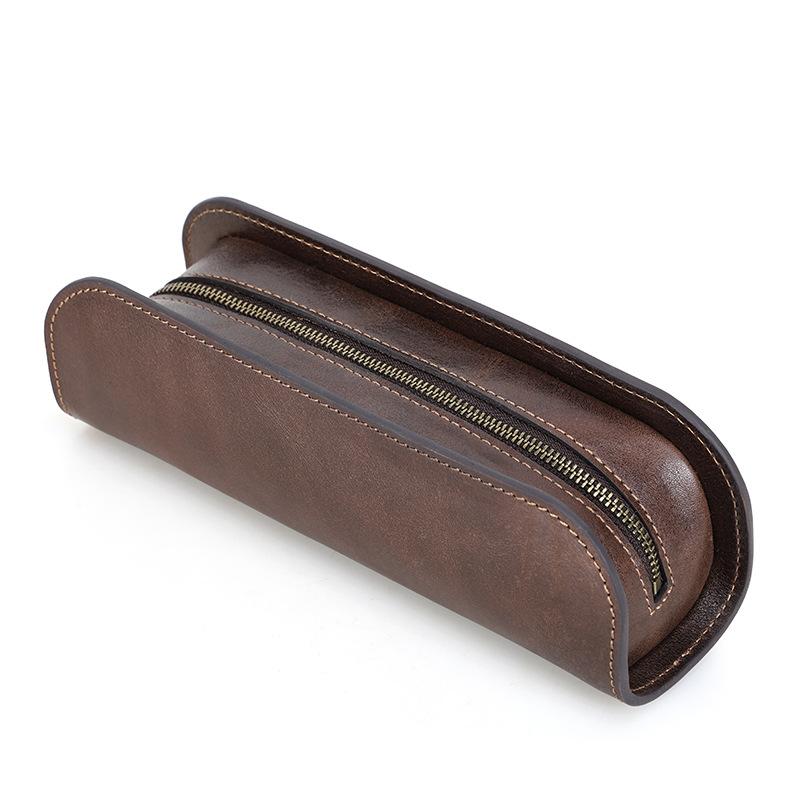 Brown Thick Cowhide Pencil Case Handmade Large Capacity Student Office Zipper Creative Pen Storage Box