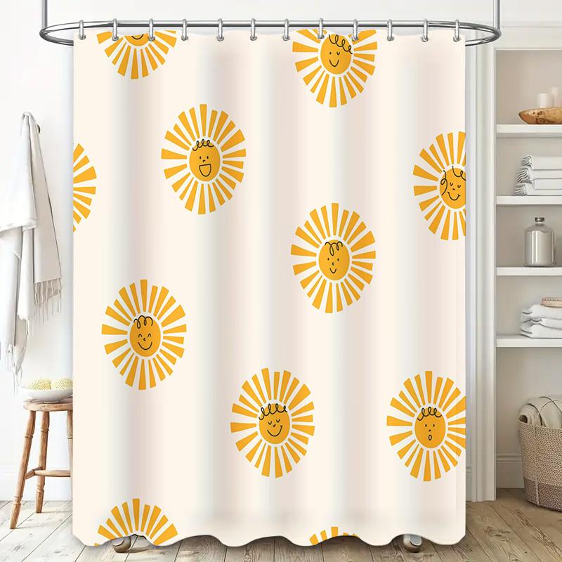 Yellow Sun Shower Curtain Bathroom Decor with Happy Faces Design White Bath Rug Set 3D Printed Waterproof Fabric Easy Installati