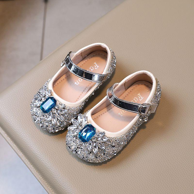 Girls Princess Shoes Spring and Autumn New Rhinestone Fashion Bow Baby Girl Crystal Shoes Soft Sole Elsa Single Shoes