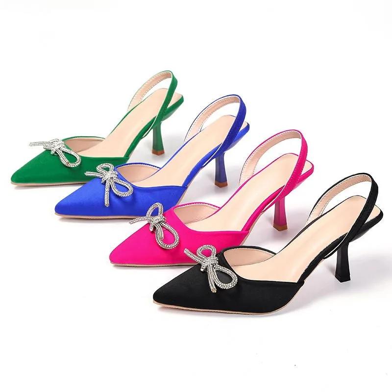 New 2025Women's High-heels Shoes Bow Rhinestone Fashion Woman Pumps Rose Red Pointed Toe Sexy Sandals Ladies Stiletto Mules