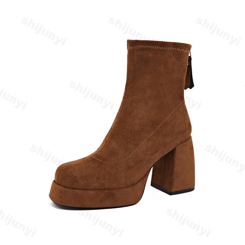 Fashion Women's Fashion Retro Suede Thick Soled High-heeled Boots 2025 Autumn New Back Zipper Design Comfortable Square Head Ankle Boots