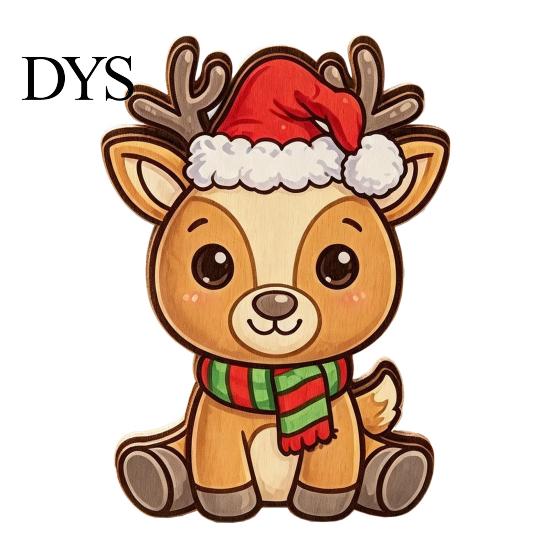 Wooden Christmas Ornaments Elk Figurine with Santa Hat And Scarf, Cartoon Deer Tabletop Decoration Ornament for Holiday Home Party Decor, Stable Base