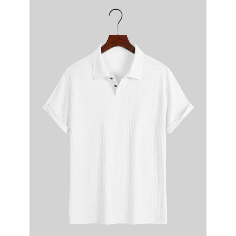 

Men Waffle Knit Turn Down Collar Short Sleeve Polo Shirt Casual Breathable Solid Daily Tops S