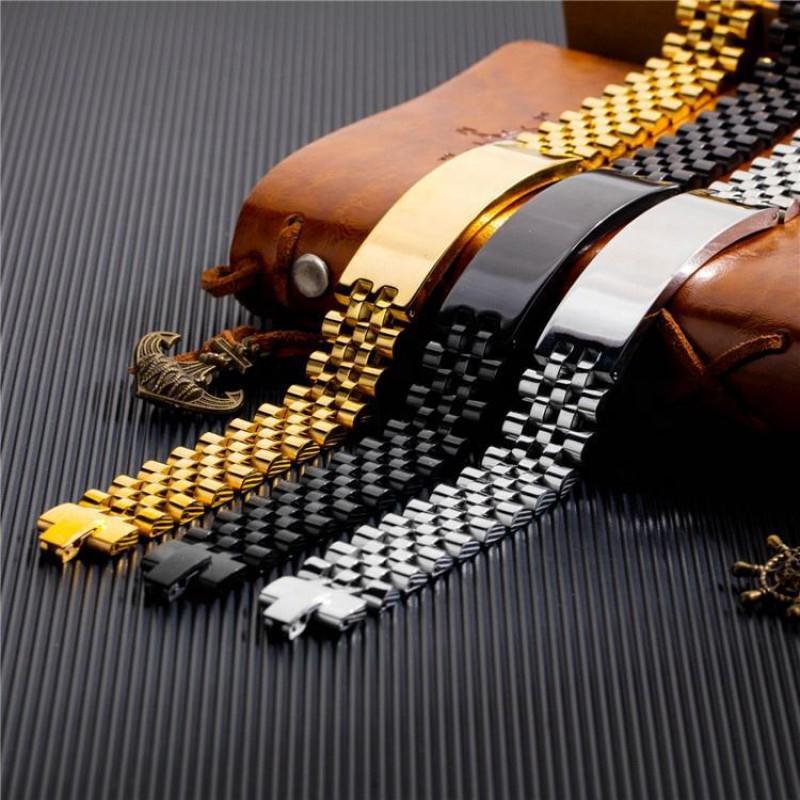 Mens Geometric Blank Titanium Steel Bracelet With Engraving Space Gold Black Tone Fashion OL Style Business Gift