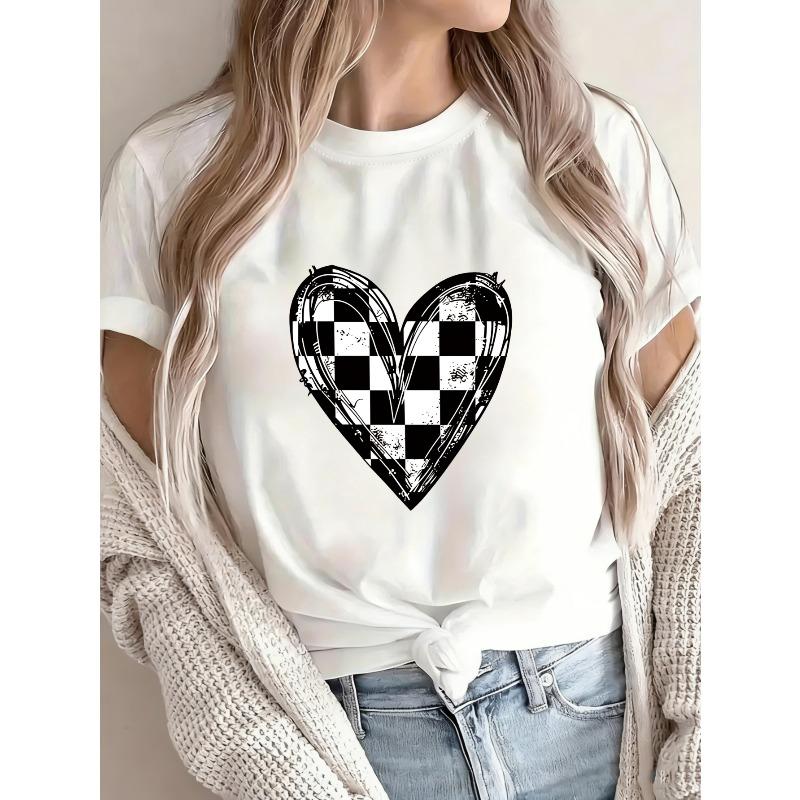 Weißes T-Shirt Mit Schachbrett-Herz-Print Für Freizeitkleidung