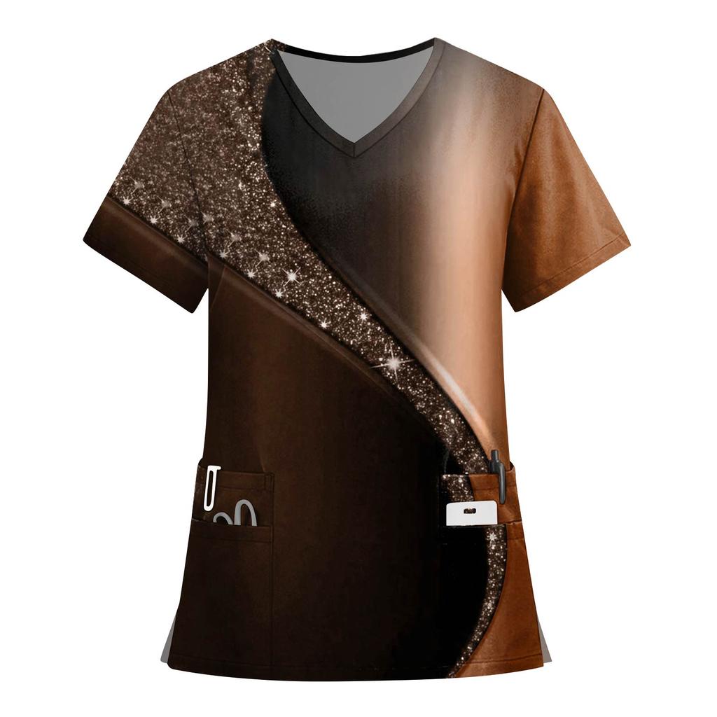Women's Fashion Printed Short Sleeve V Neck Pattern Tops Pocket Working T-shirts