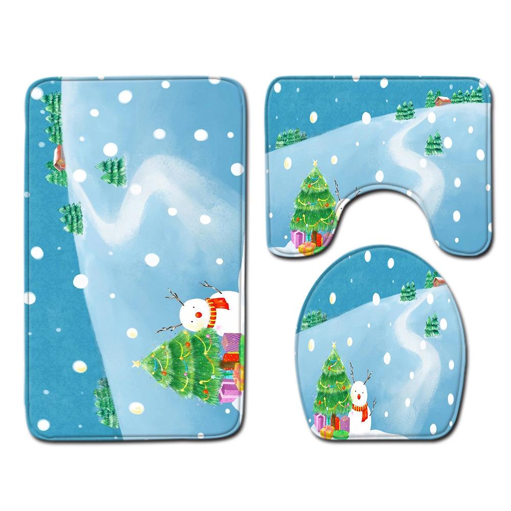 Christmas Toilet Seat Shower Curtain Four-Piece Printed Floor Mat Set Bathroom Floor Mat Bedroom Absorbent Door Mat Carpet