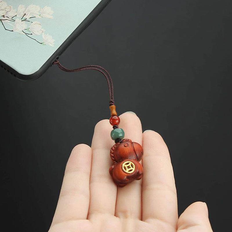 1Pc Car Keychain New Chinese Style Braiding Rope Gift Phone Keychain Creativity Pony Pendant Wood Pendant Coin Decoration