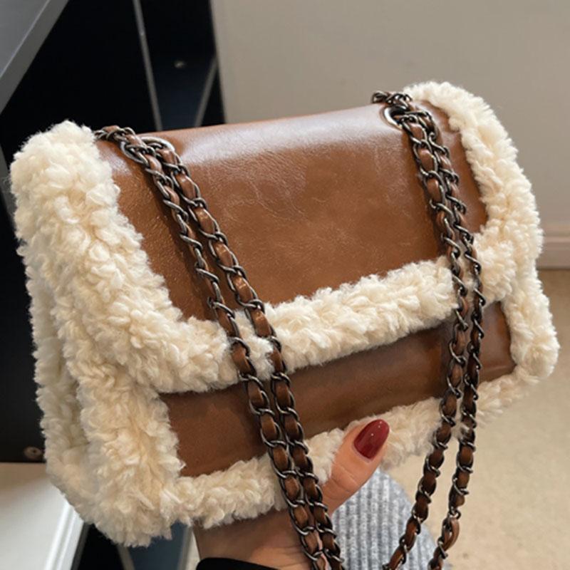 Lamb Wool Splice Retro Chain Crossbody Bag Patent Leather Glossy High-End Texture Shoulder Bag Women New Portable Handbag
