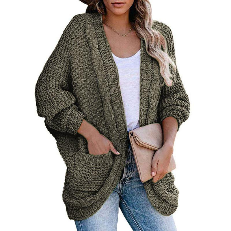 

Thick Thread Cable Stitch Cardigan Fall and Winter New Cross-Border Knitwear European and American Leisure Twisted String Bat Sleeve Sweater Outwear Army Green S