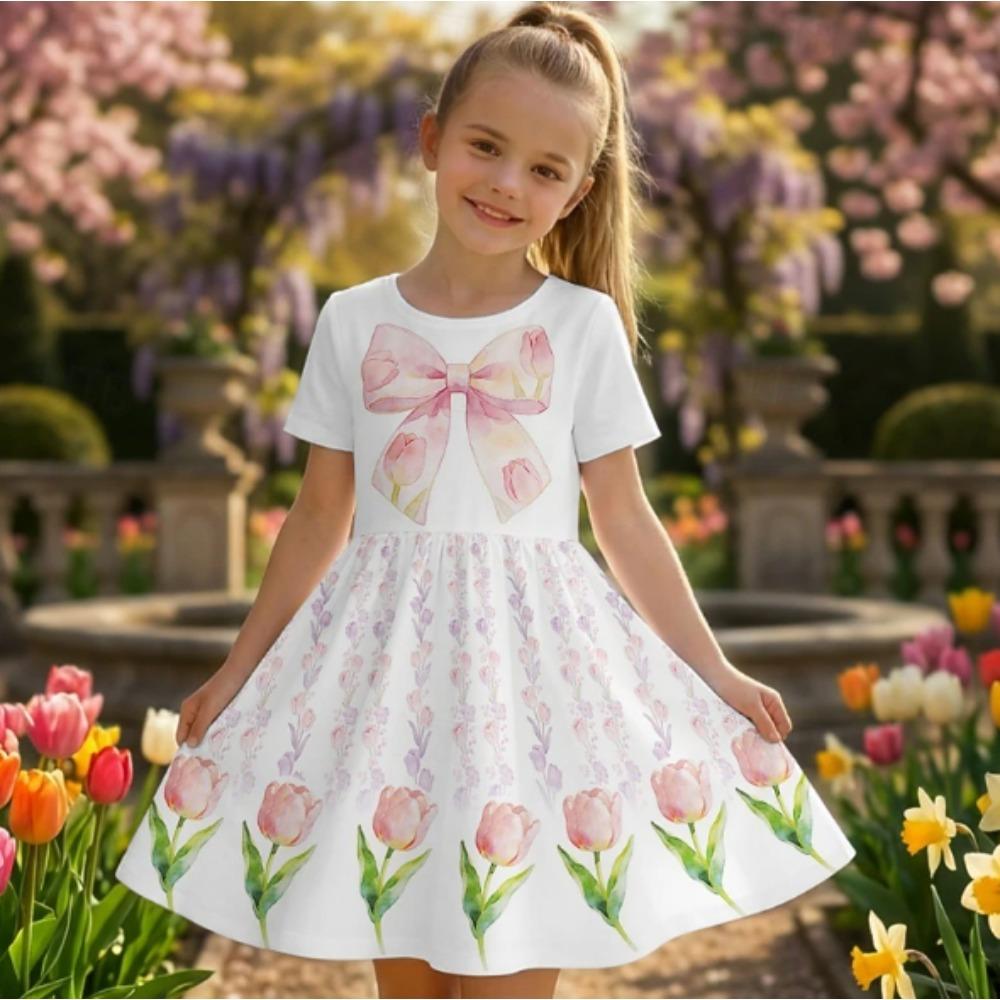 Girls 3D Print Dresses Kids Girl Party Short Sleeve Princess Dress Tank 3D Flower Print Dress