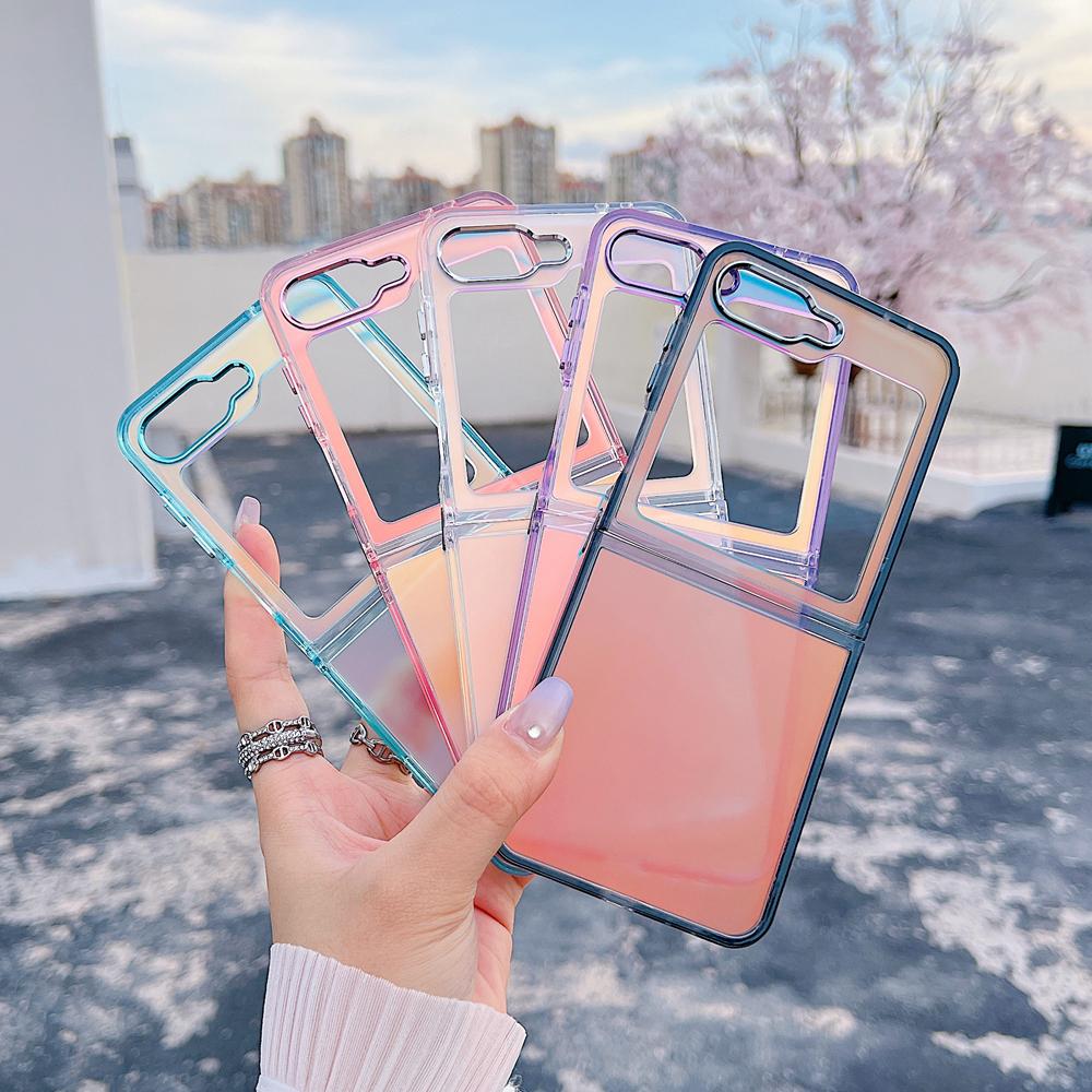 KEYSION Custodia per telefono colorata con gradiente laser alla moda per Samsung Z Flip 6 5 5G Cover posteriore antiurto in TPU+PC per Galaxy Z Flip 7 FE
