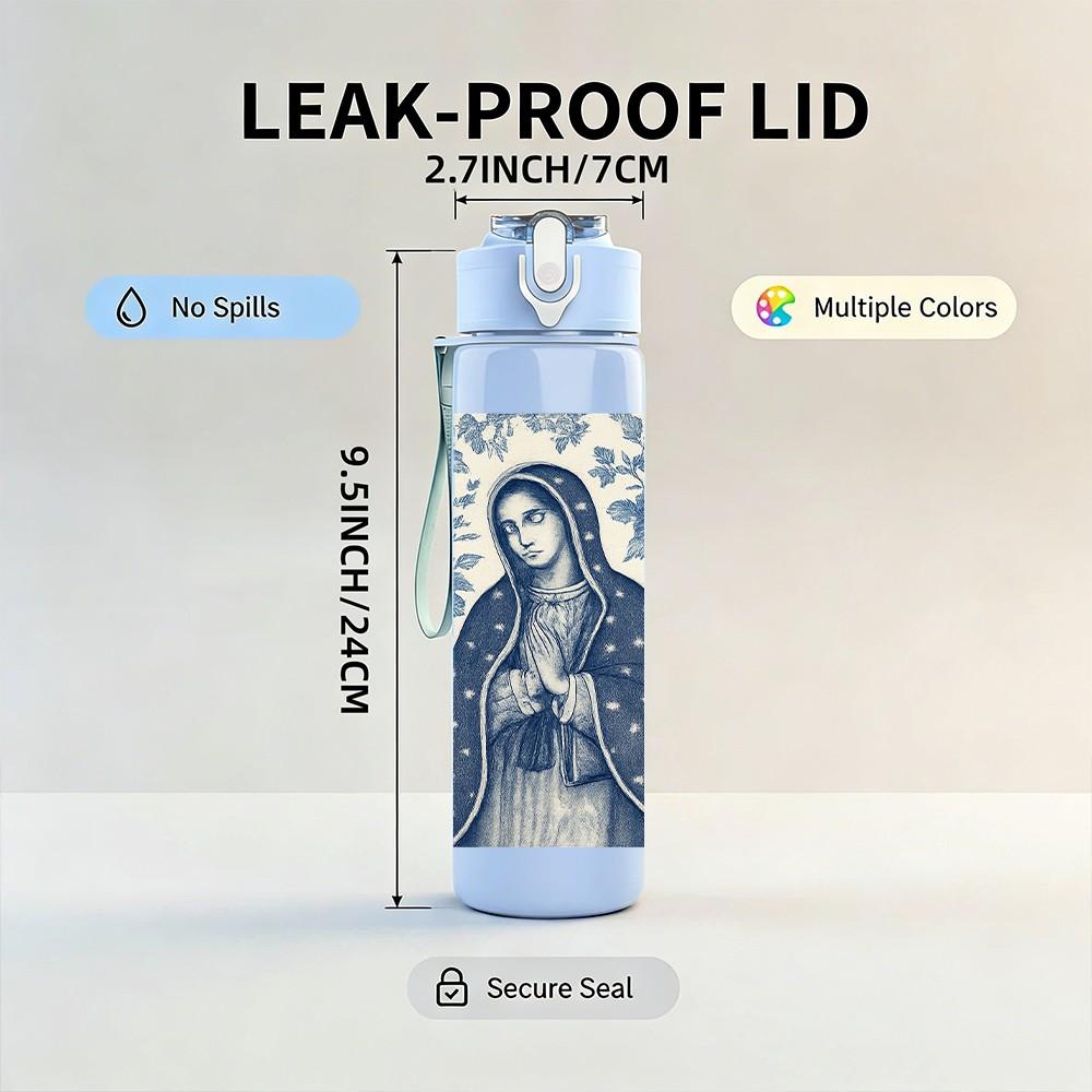 1PC Blue Tone Virgin Mary Portrait 750ml Color Plastic Sports Water Bottle Leakproof Flip Straw Lid For Sports Office Home Use