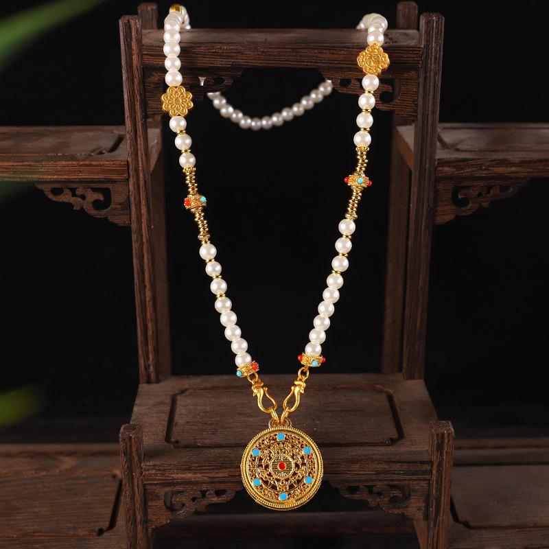 Chinese Style Pearl Necklace Hanfu Accessory Zinc Alloy Hollow Carved Pendant Long Chain Necklace