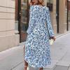Damen Frühling Langarm Blumendruck O-Ausschnitt Kleid Sommer Lässig A-Linie Knöchellang Elastische Hohe Taille Lockere Kleider