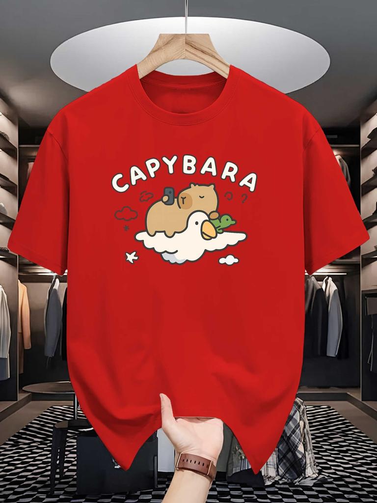 Unisex Crew Neck Tee Kawaii Capybara Duck Cloud Cartoon Print Soft Cotton Loose Short Sleeve Summer Casual Male Streetwear Tops