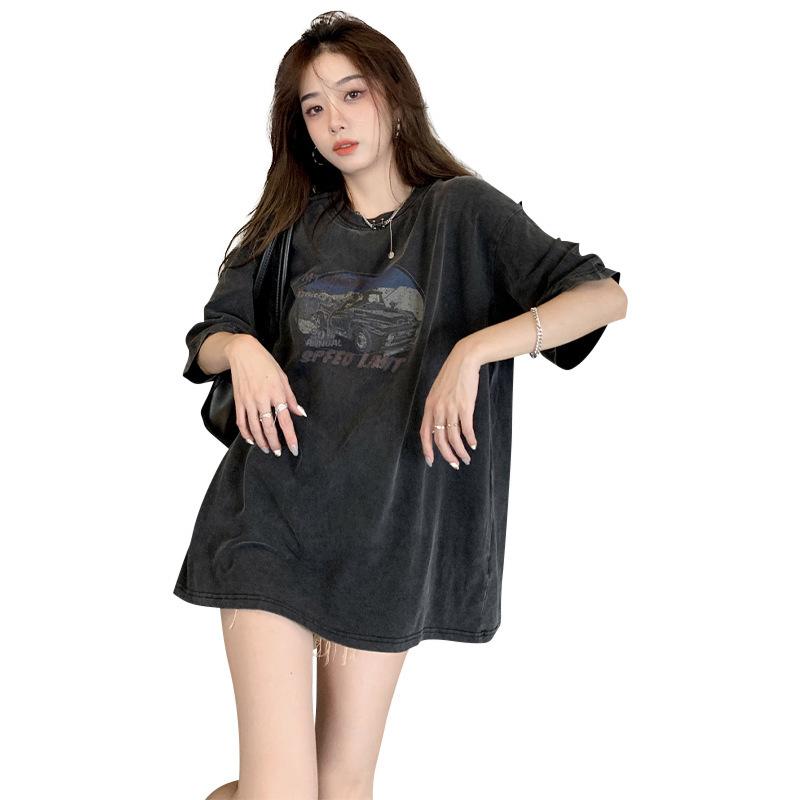 American retro front shoulder short-sleeved T-shirt women's spring new printed washed old loose medium and long top