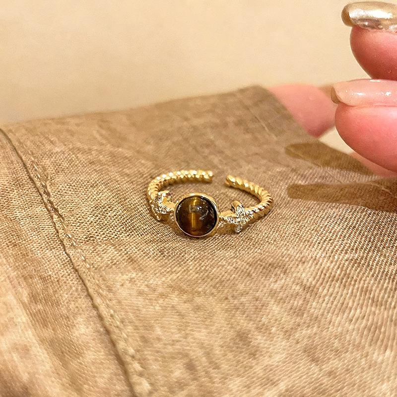 Vintage Tiger Eye Stone Rings for Women Girls Waterdrop Zircon Exquisite Aesthetic Open Ring Fashion Elegent Jewelry Party