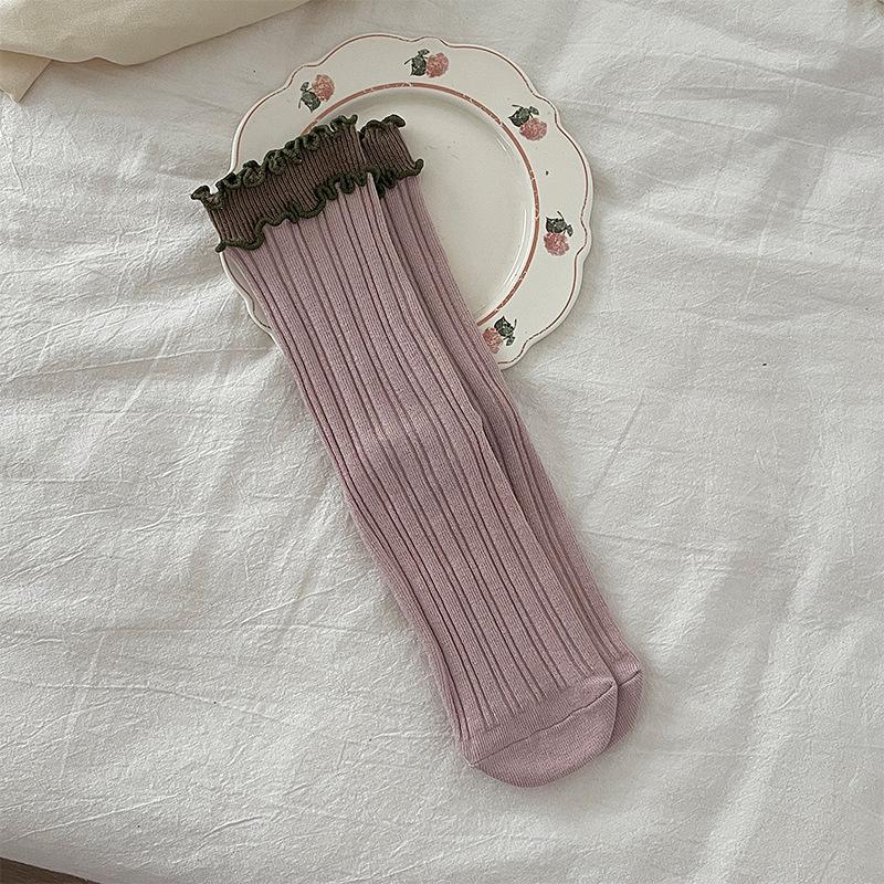 Κάλτσες Βαμβακερές Ρετρό Γλυκές και Χαριτωμένες Χρωματικές Αντιστοιχίσεις Δαντέλα Μέσης Κάλτσες Στοίβαξης